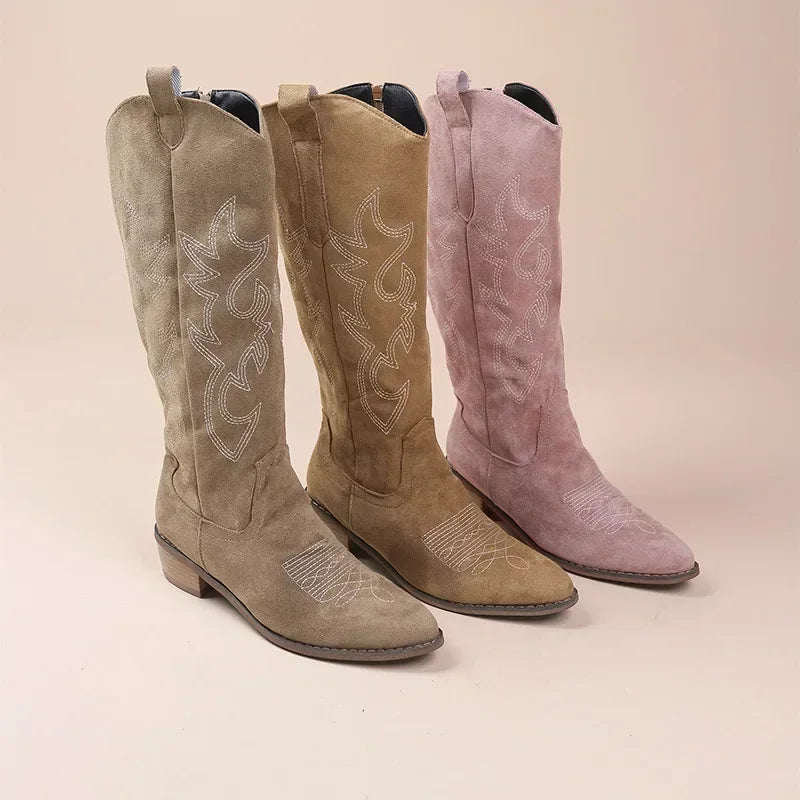 Bottes de cowboy occidentales brodées pour femmes, hautes au genou, cuir PU