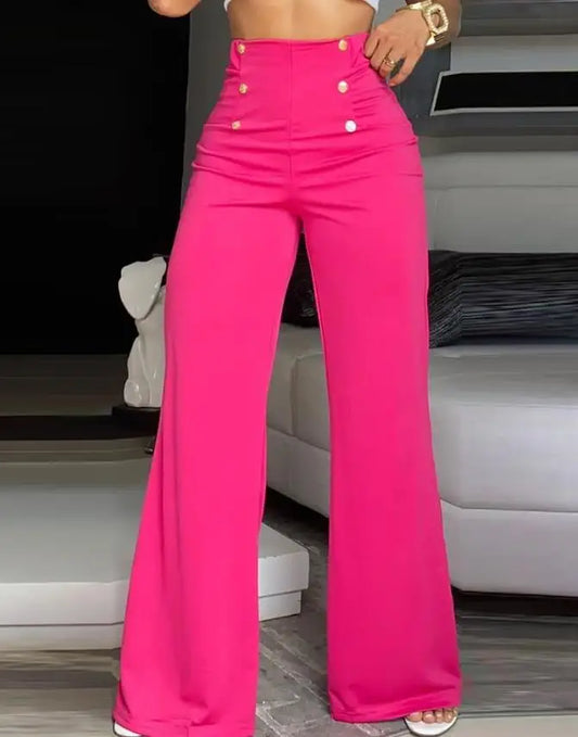 Pantalon large taille haute pour femme, pantalon décoratif avec boutons