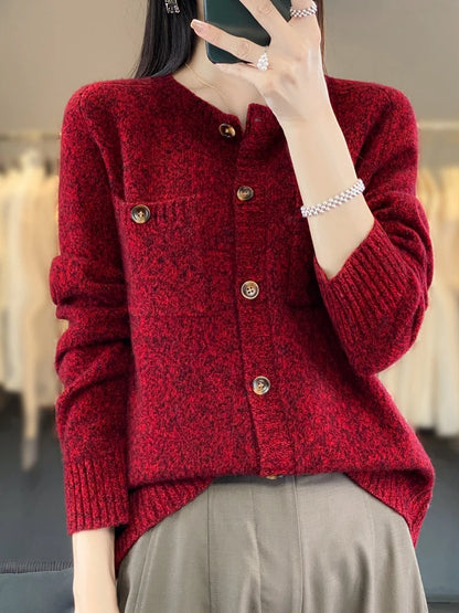 Pull cardigan en laine avec poches pour femmes, col rond, haut à manches longues