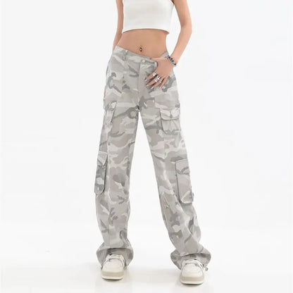 Pantalon cargo camouflage gris pour femme, style vintage