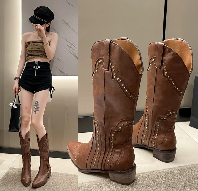 Bottes cloutées pour femmes talon bas Cowboy Chelsea Western court en cuir