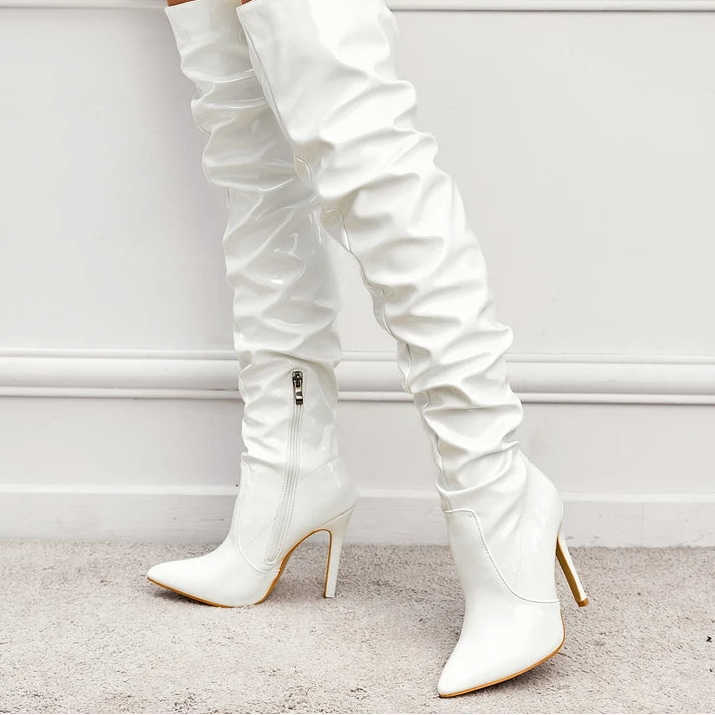 Cuissardes mode en cuir verni bout pointu fermeture éclair pour femmes