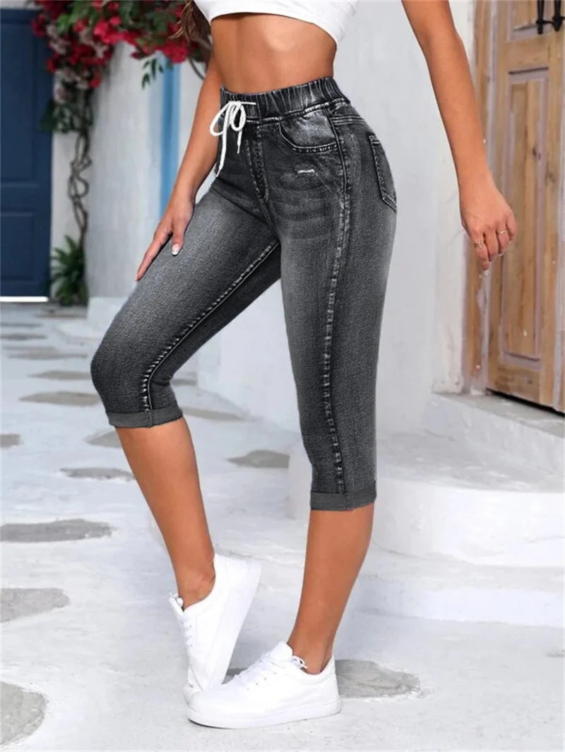 Jean déchiré noir pour femmes, taille élastique, haute élasticité, longueur mollet, pantalon crayon