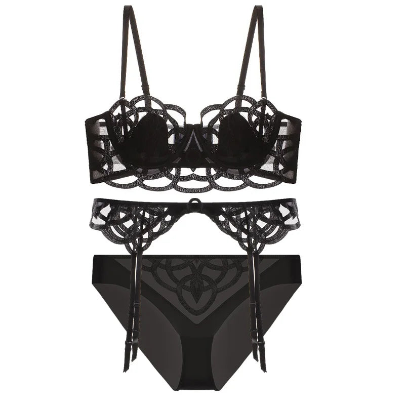 Ensemble 3 pièces soutien-gorge Push up + jarretières + string en dentelle transparent pour femmes