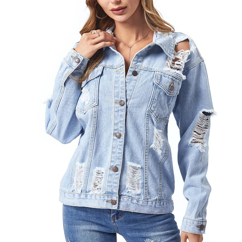 Veste en jean lavé effiloché pour femmes, manteau court