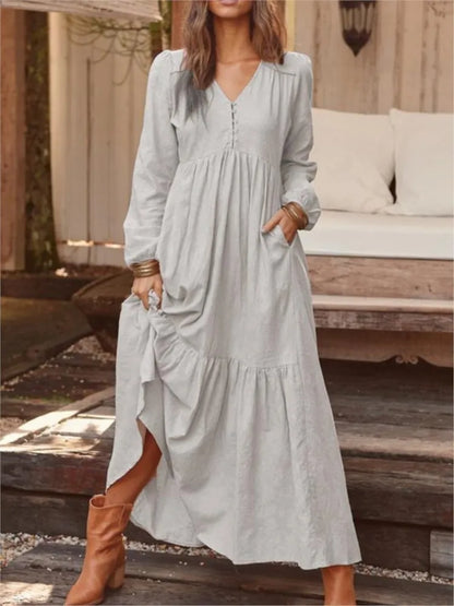 Robe longue pour femmes, ample, mode, col en v, décontractée, couleur unie, manches longues