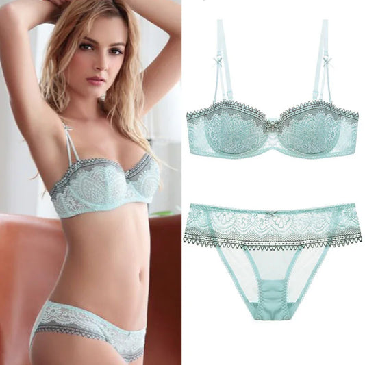 Ensemble de soutien-gorge et culotte sexy pour femmes en dentelle 1/2 tasse Ultra mince