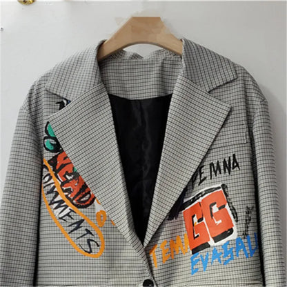 Blazer mi-long imbibé de lettres graffiti pour femmes