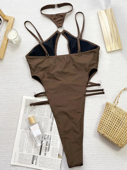 Maillot de bain une pièce à col haut pour femme, string, coupe haute