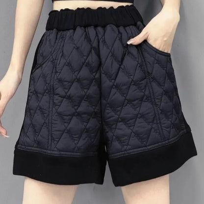 Short d'hiver épais matelassé noir pour femme, taille haute