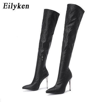 Bottes au genou pour femmes talons aiguilles mode bout pointu Zip