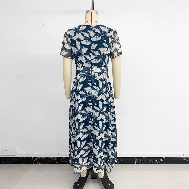 Robe longue à col carré et imprimé rétro pour femmes