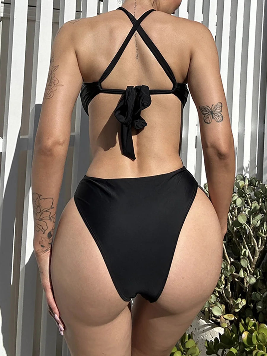 Maillot de bain une pièce à col licou et échancré pour femme, monokini croisé dos nu