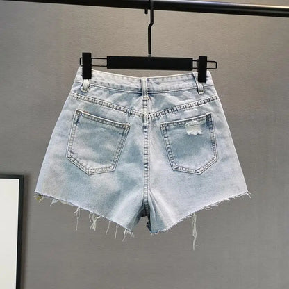 Short en jean court pour femme, taille haute, avec pompon