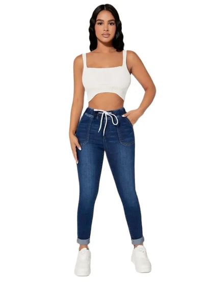 Jeans skinny taille haute pour femmes mode taille élastique à lacets Slim