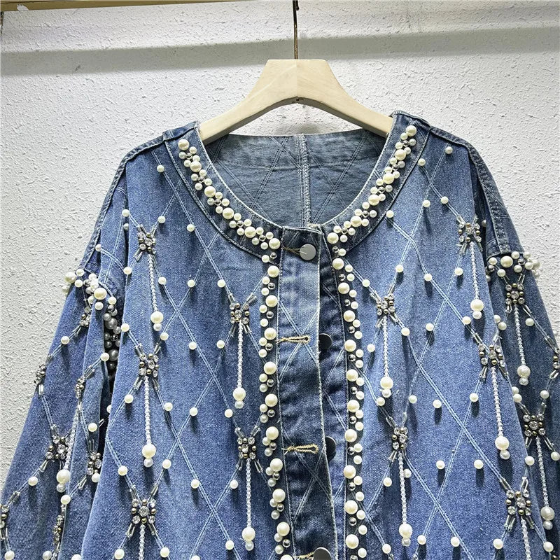 Veste en jean mi-longue à perles et diamants pour femme