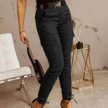 Pantalon cargo monochrome mince avec poches pour femmes