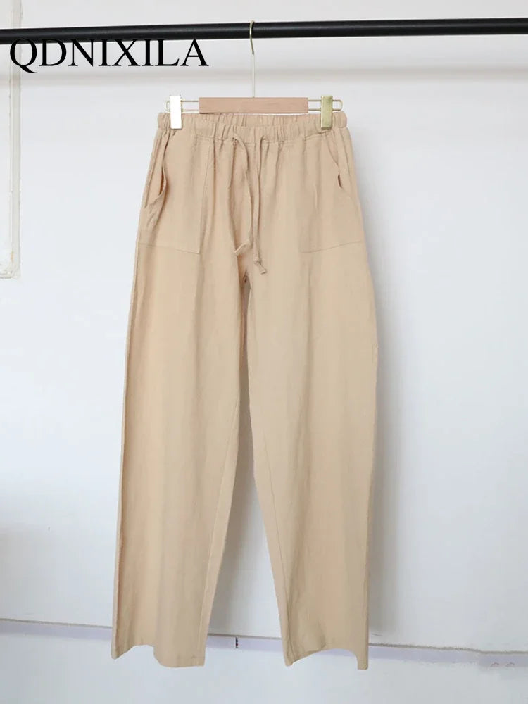 Pantalon en coton pour femmes, gris, taille haute taille élastique