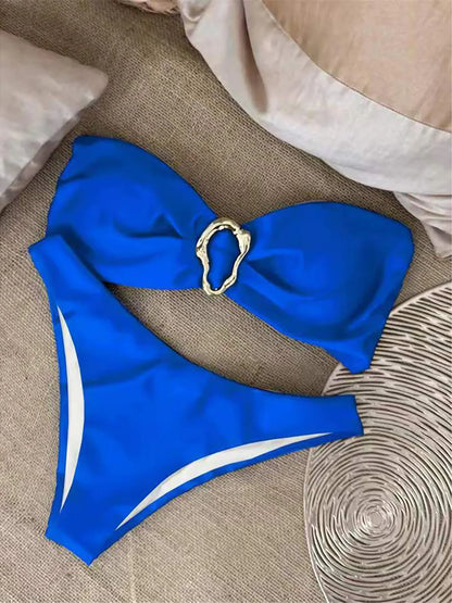 Maillot de bain deux pièces bandeau avec anneau métallique pour femmes