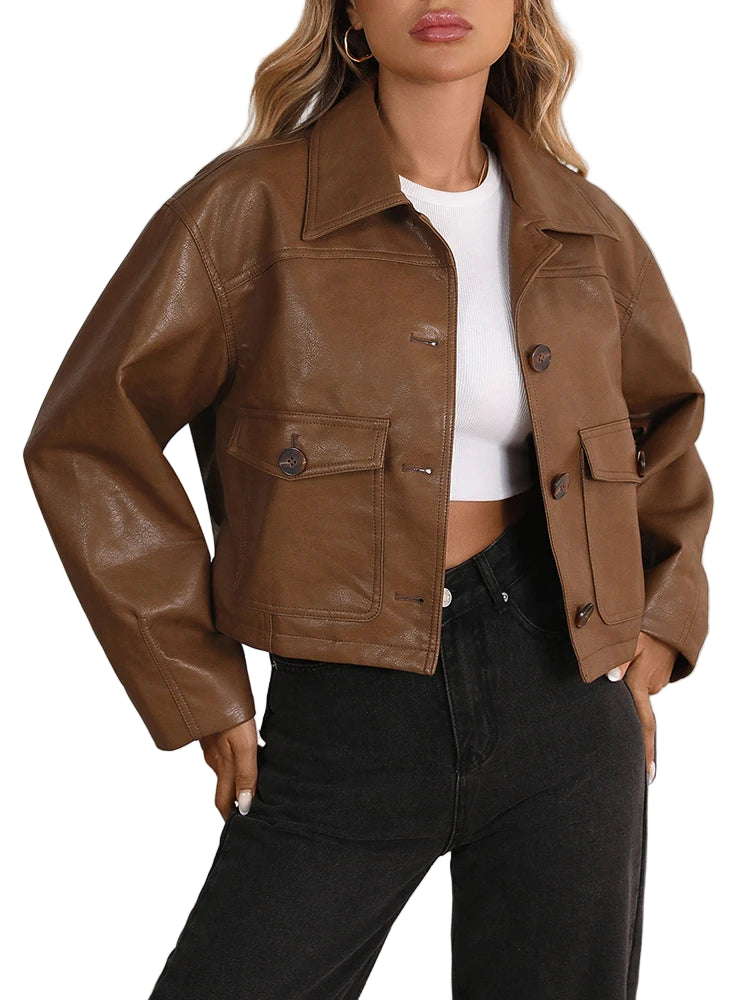 Veste vintage ample court faux cuir pour femmes