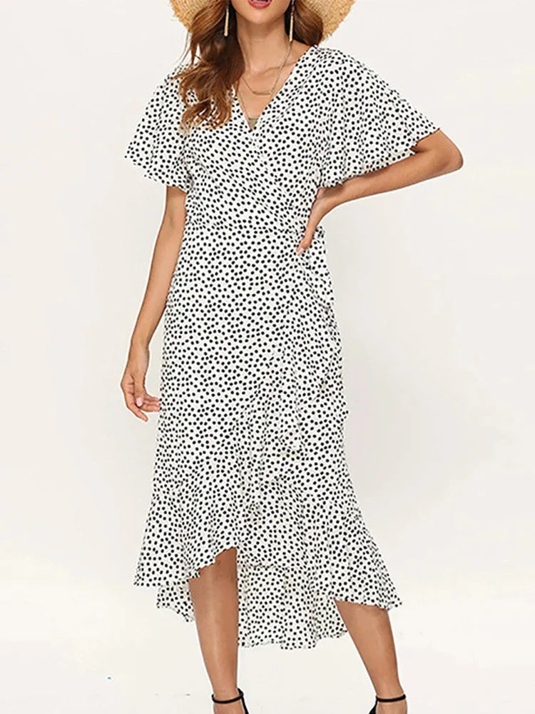 Robe longue en mousseline de soie pour femmes, imprimé floral, style boho, volants ronds, décontracté, col en v, fendue