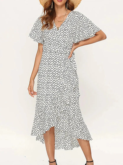 Robe longue en mousseline de soie pour femmes, imprimé floral, style boho, volants ronds, décontracté, col en v, fendue