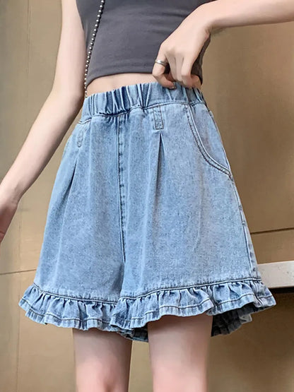 Short en jean grande taille pour femme, court taille haute à volants