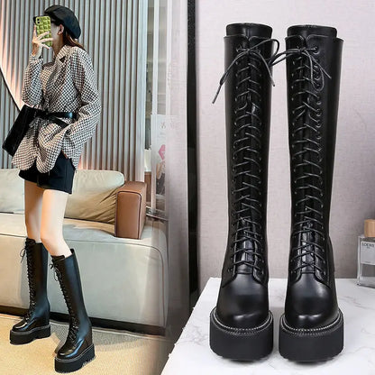 Bottes hautes en cuir et microcarence pour femme, 12cm, semelle compensée, peluche, fermeture éclair