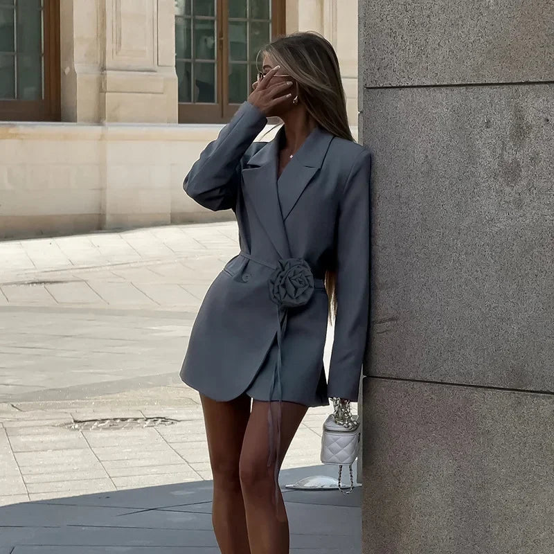 Blazer à ceinture à fleurs pour femme, manteau à manches longues