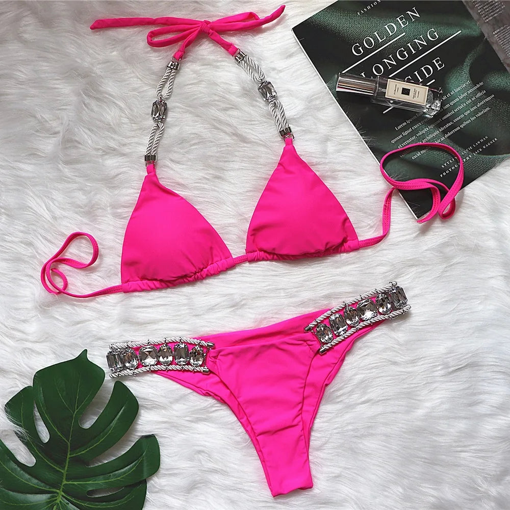 Maillot de bain deux pièces imprimé léopard pour femme, bikini sexy en cristal et biscuits