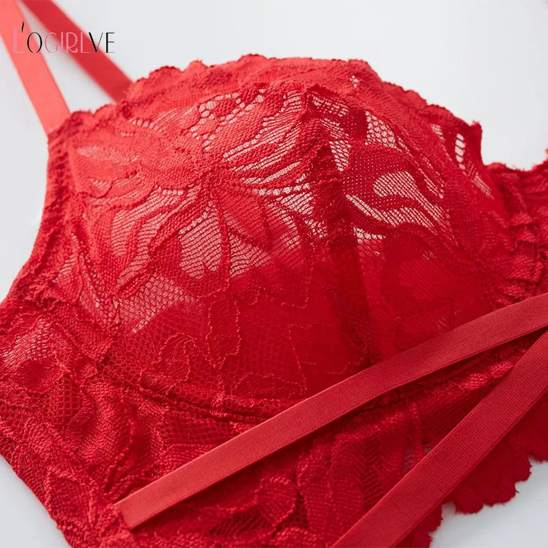 Ensemble de soutien-gorge push-up en dentelle brodée pour femmes, sous-vêtements sexy, bonnet ultra-fin