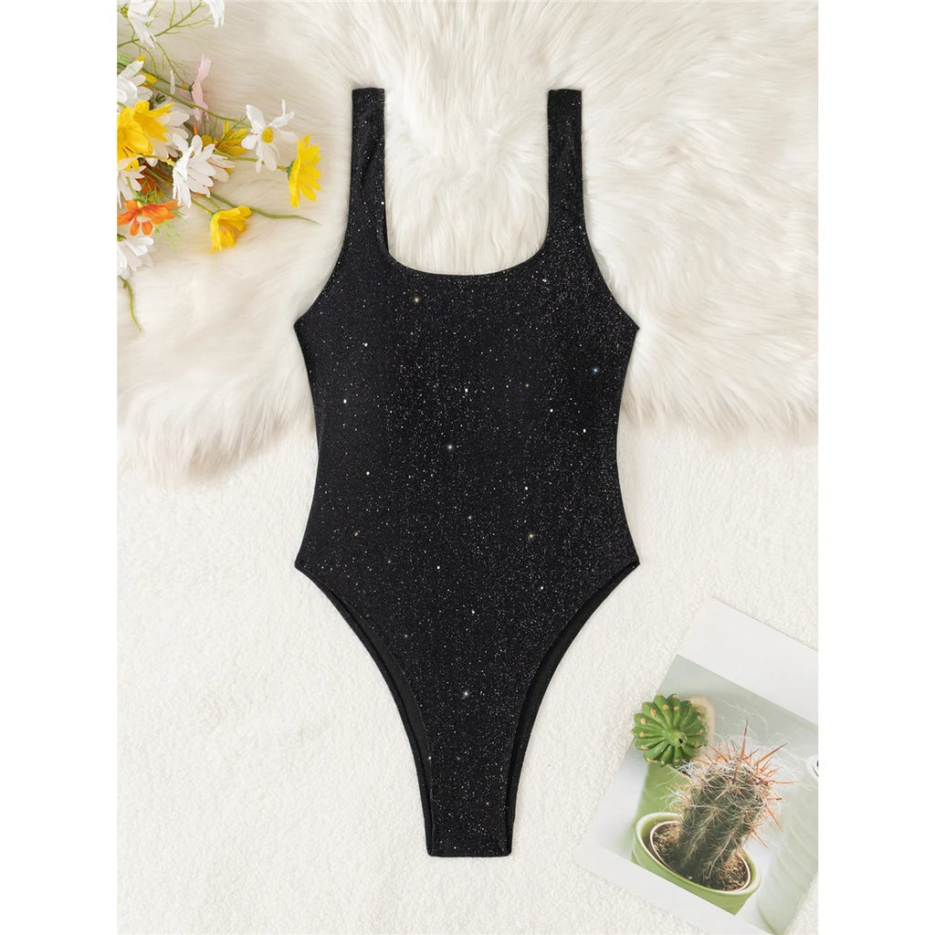 Maillot de bain une pièce dos nu à paillettes scintillantes pour femmes