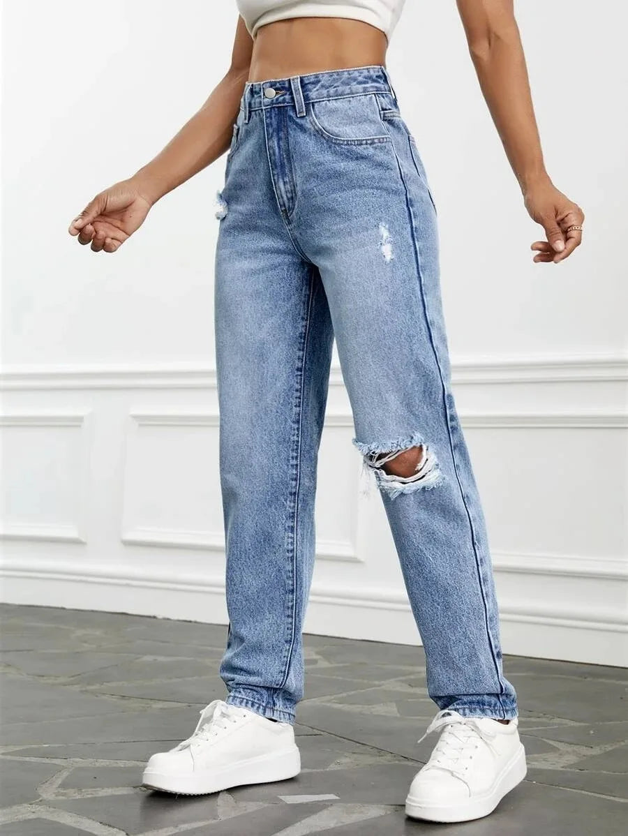 Jeans déchiré taille haute pour femmes mode adt Slim jambe droite