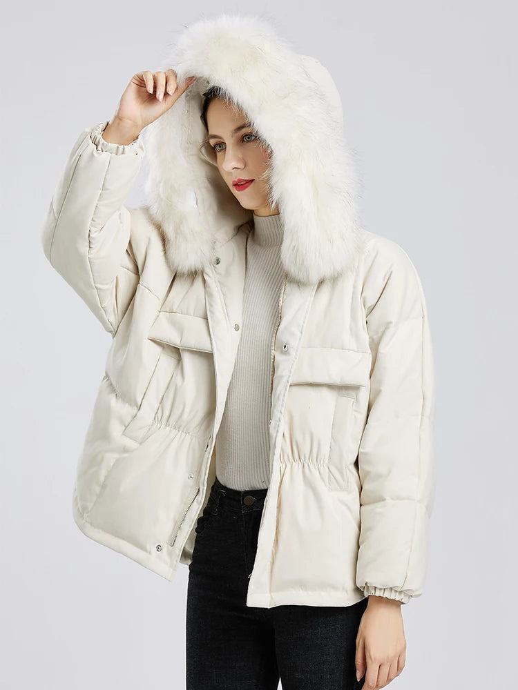Manteau courte à capuche en fourrure de raton laveur véritable pour femme