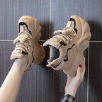 Baskets à plateforme haute en cuir véritable compensés de 8 cm, à lacets pour femmes