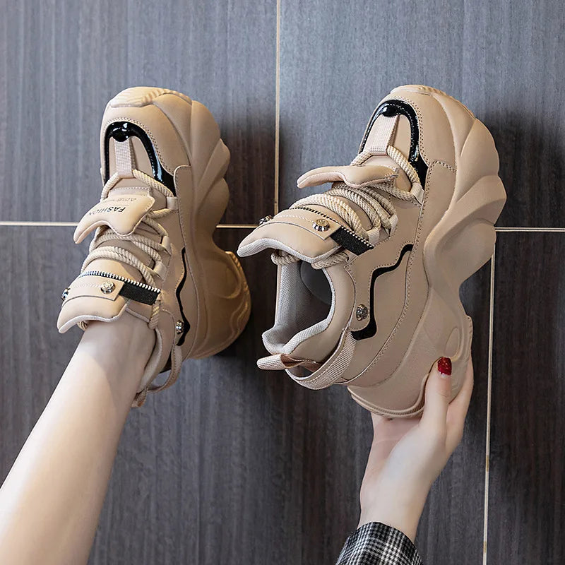 Baskets à plateforme haute en cuir véritable compensés de 8 cm, à lacets pour femmes
