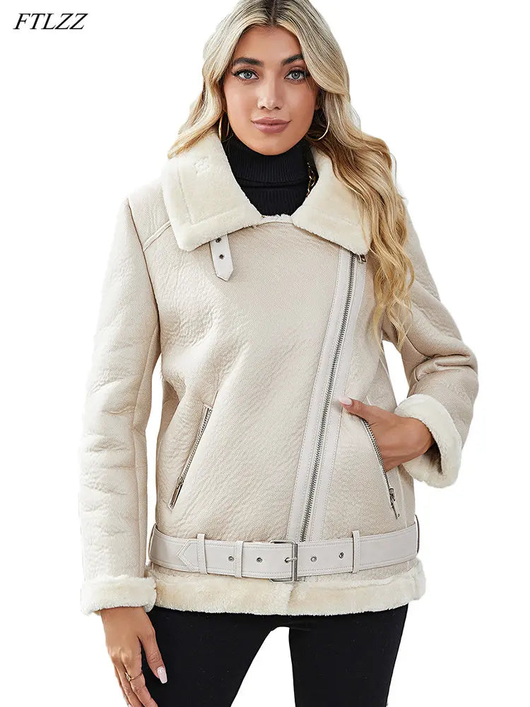 Veste de fourrure avec ceinture col rabattu fermeture éclair pour femmes