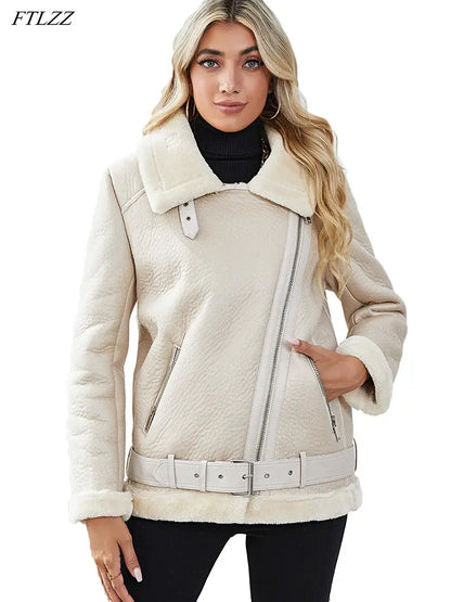 Veste de fourrure avec ceinture col rabattu fermeture éclair pour femmes