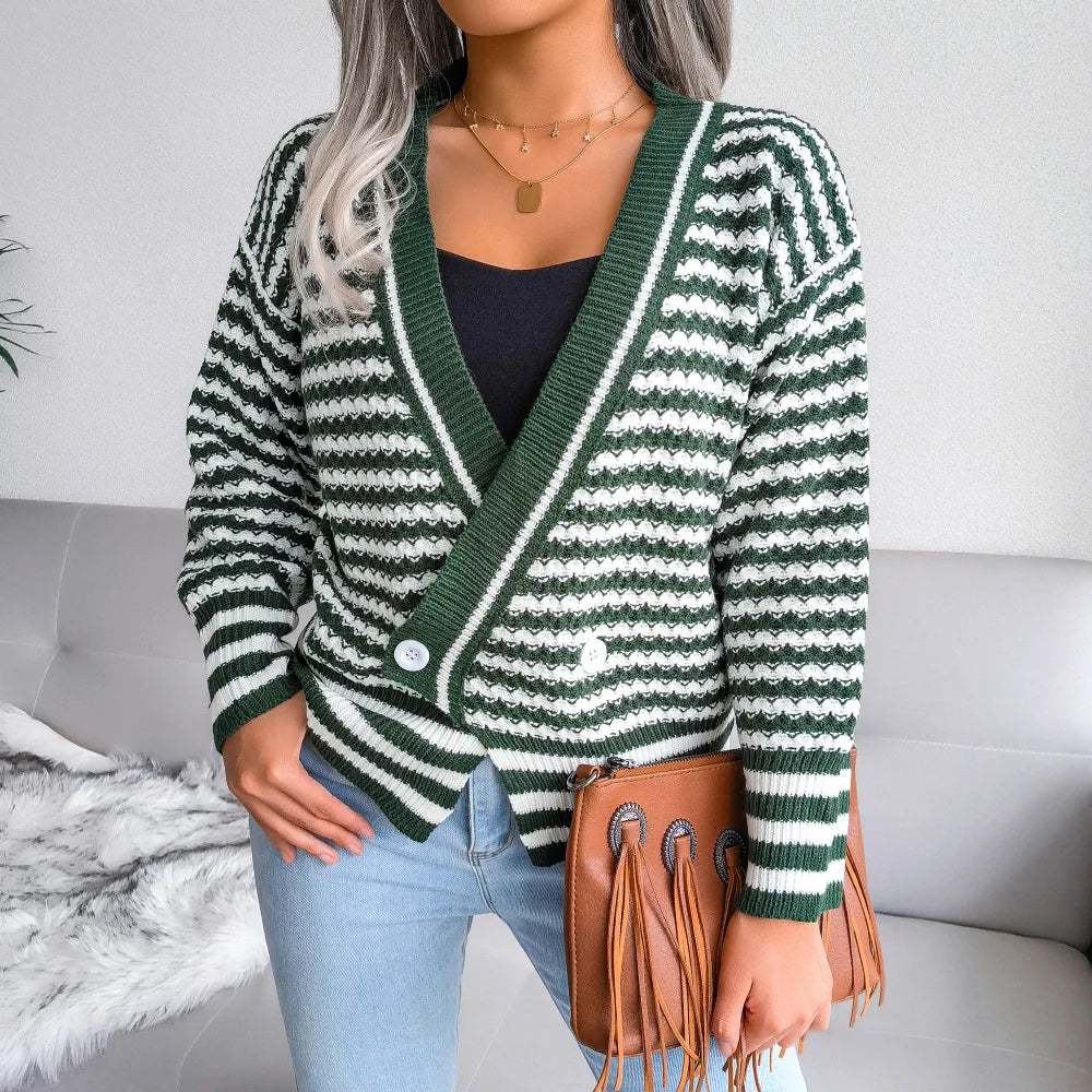 Cardigan tricoté à manches longues et col en v rayé pour femme