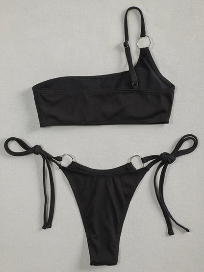 Maillot de bain sexy à une épaule avec anneaux en métal pour femme, ensemble deux pièces