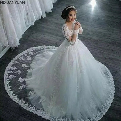 Robe de mariée longue queue en dentelle et strass pour femmes, Vintage, manches longues, en Tulle