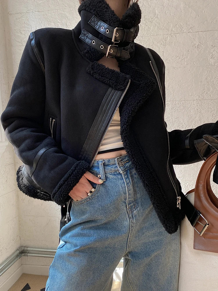 veste en fausse peau de mouton en cuir épais chaud daim agneaux pour femmes