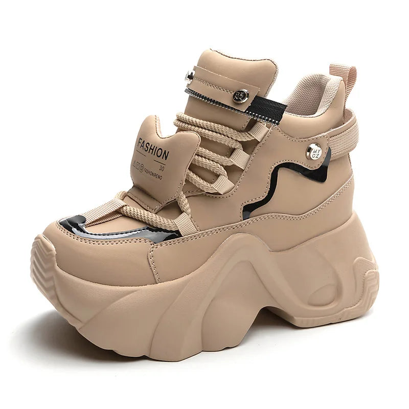 Baskets à plateforme haute en cuir véritable compensés de 8 cm, à lacets pour femmes