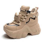 Baskets à plateforme haute en cuir véritable compensés de 8 cm, à lacets pour femmes