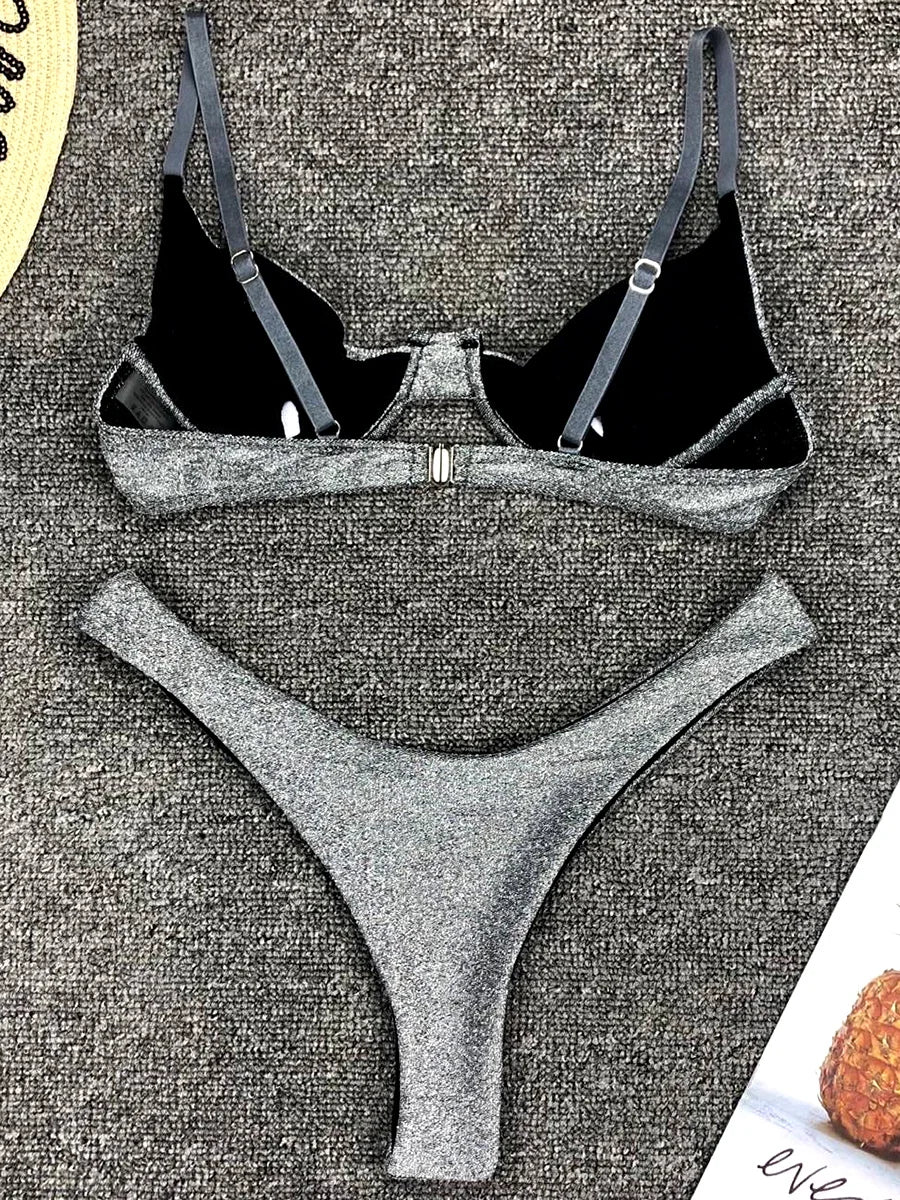 maillot de bain brésilien deux pièces Paillettes scintillantes à armatures v-bar