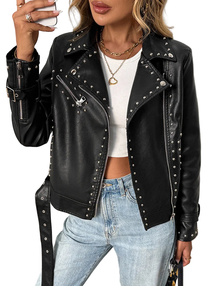 Veste à rivet fermeture éclair ceinture faux cuir pour femme