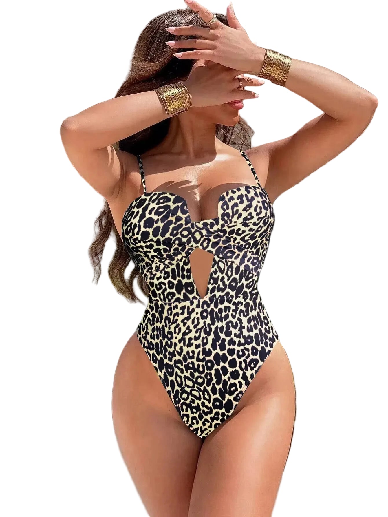 Maillot de bain une pièce imprimé léopard, taille haute pour femmes