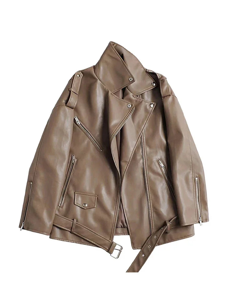 Veste avec ceinture ample fermeture éclair en Faux cuir pour femmes