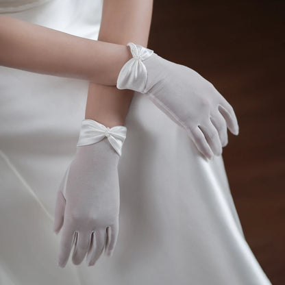 Gants blancs faits à la main en filet élastique pour femmes, gants courts de poignet, nœud en perles de satin