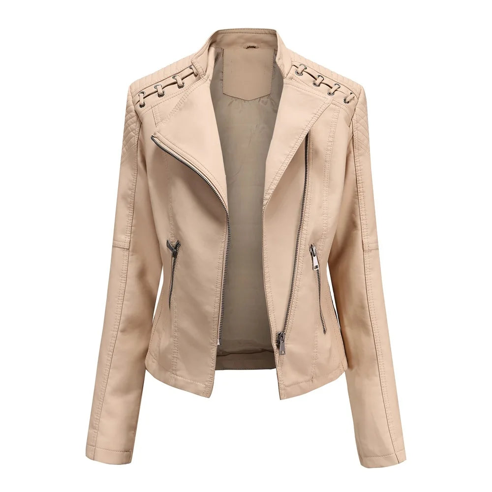 Veste de motard en cuir PU pour femme, manteau court, coupe couvertes, col montant, fermeture éclair